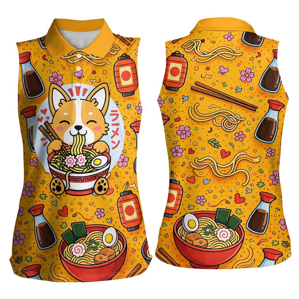 Kawaii Ramen Cute Anime Dog Corgi Women Sleeveless Polo Shirt Japanese Noodles