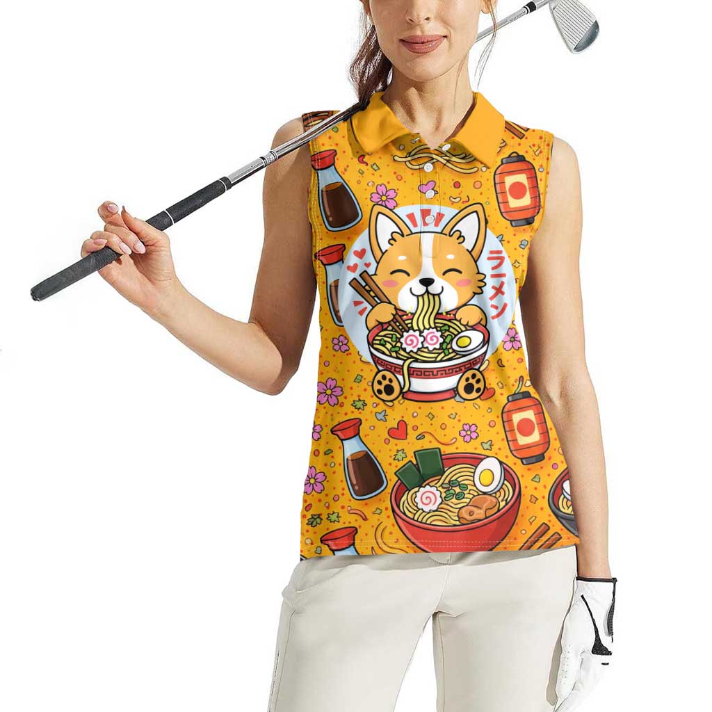 Kawaii Ramen Cute Anime Dog Corgi Women Sleeveless Polo Shirt Japanese Noodles