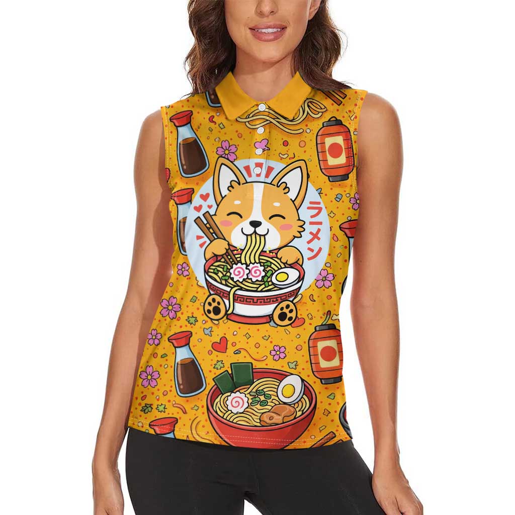 Kawaii Ramen Cute Anime Dog Corgi Women Sleeveless Polo Shirt Japanese Noodles