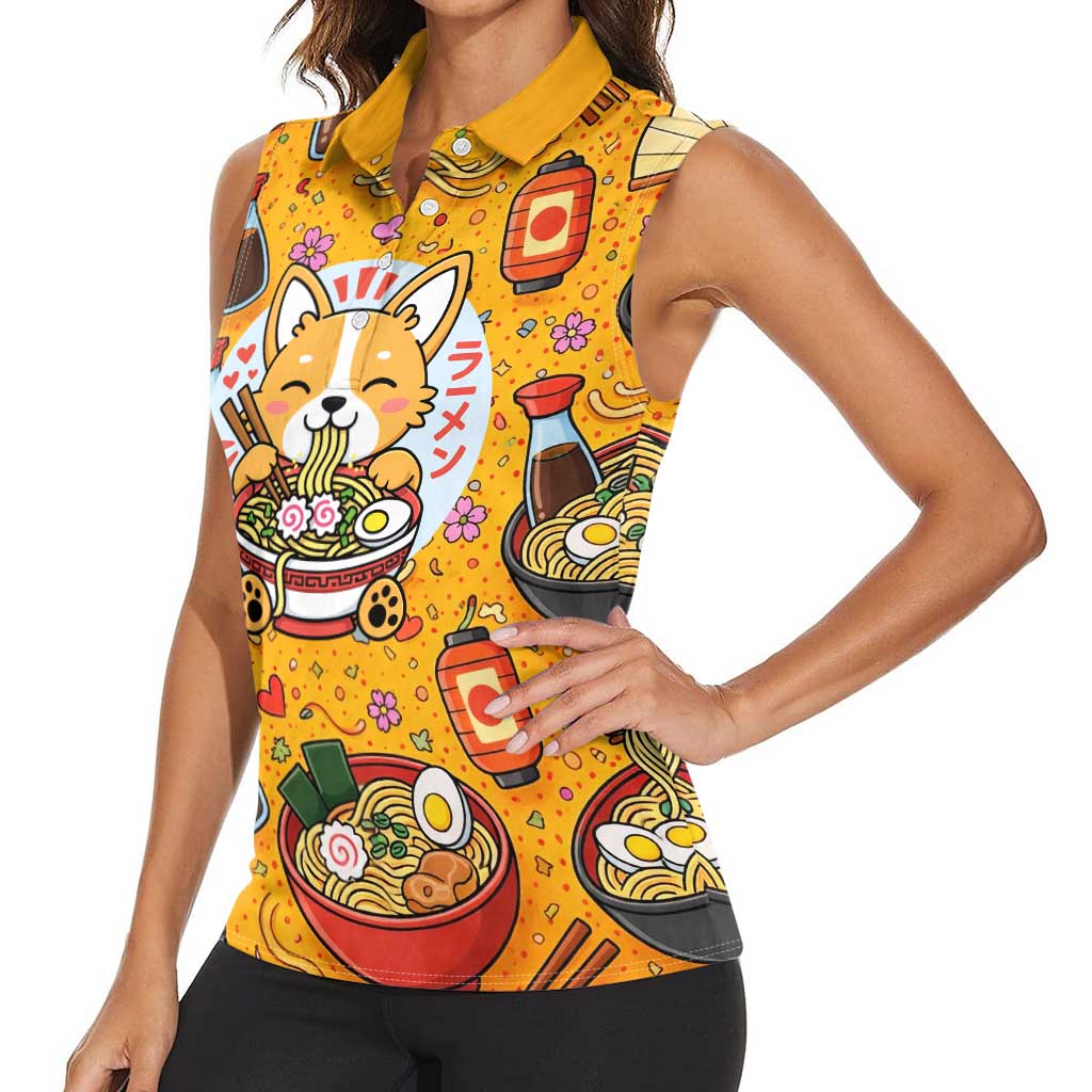 Kawaii Ramen Cute Anime Dog Corgi Women Sleeveless Polo Shirt Japanese Noodles