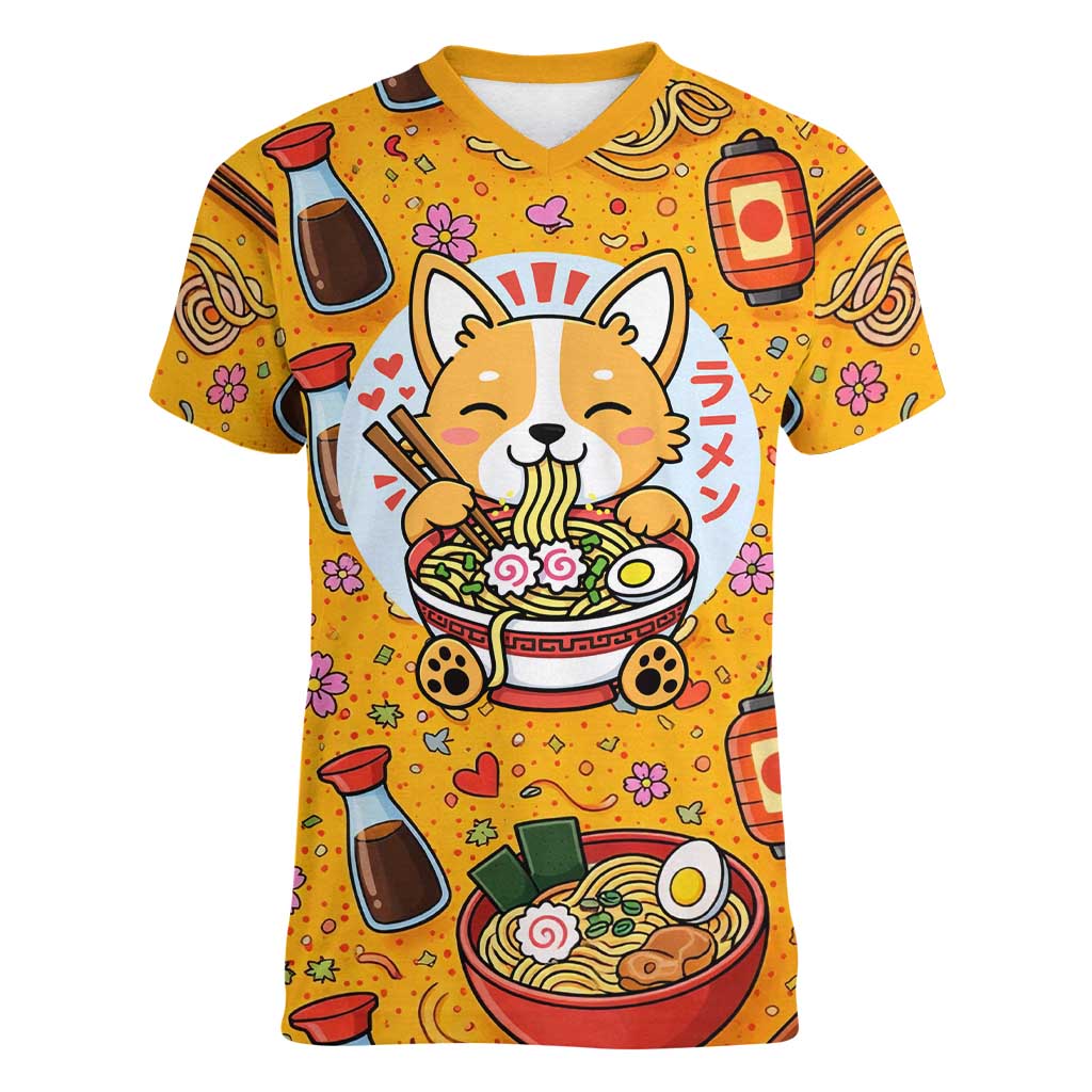Kawaii Ramen Cute Anime Dog Corgi Women V-Neck T-Shirt Japanese Noodles