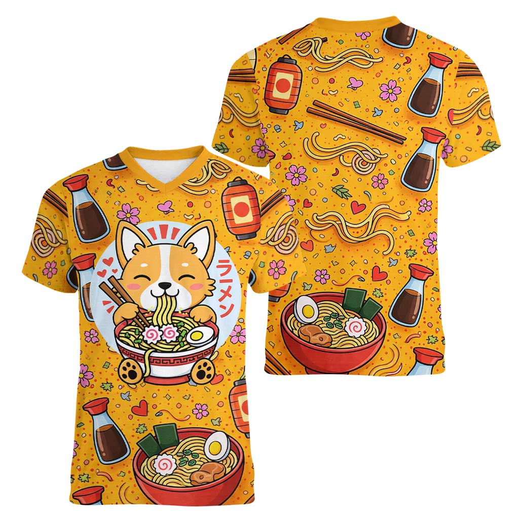 Kawaii Ramen Cute Anime Dog Corgi Women V-Neck T-Shirt Japanese Noodles