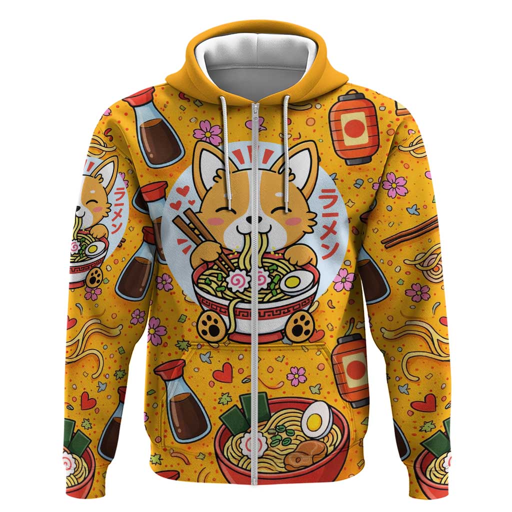 Kawaii Ramen Cute Anime Dog Corgi Zip Hoodie Japanese Noodles
