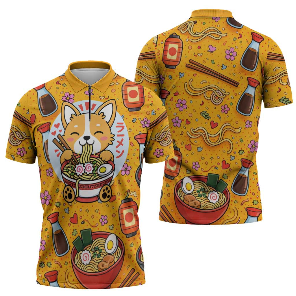 Kawaii Ramen Cute Anime Dog Corgi Zipper Polo Shirt Japanese Noodles