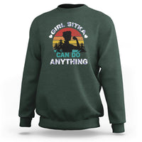 Girls dark forest green crewneck sweatshirt with "CAN DO ANYTHING" outdoor graphic on front