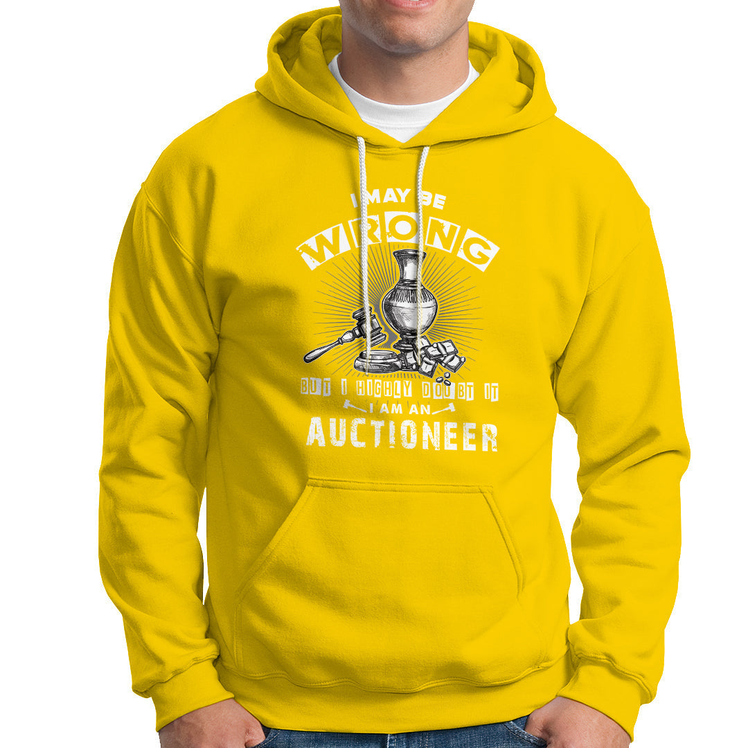 Daisy yellow auctioneer graphic hoodie with front print, white drawstrings, and kangaroo pocket.