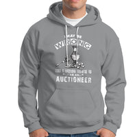 Sport gray auctioneer graphic hoodie with front print, light gray drawstrings, and kangaroo pocket.