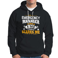 Black hoodie with “Emergency Manager” dad slogan graphic; front kangaroo pocket.