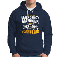 Navy hoodie with “Emergency Manager” dad slogan graphic; front kangaroo pocket.