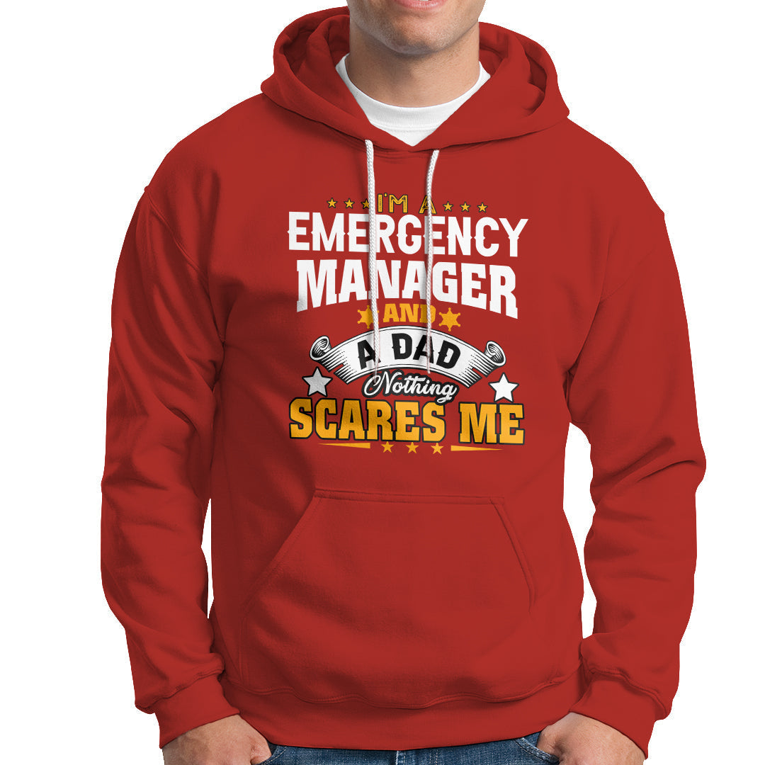 Red hoodie with “Emergency Manager” dad slogan graphic; front kangaroo pocket.