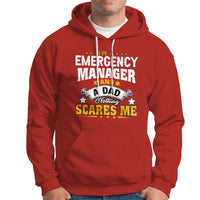 Red hoodie with “Emergency Manager” dad slogan graphic; front kangaroo pocket.