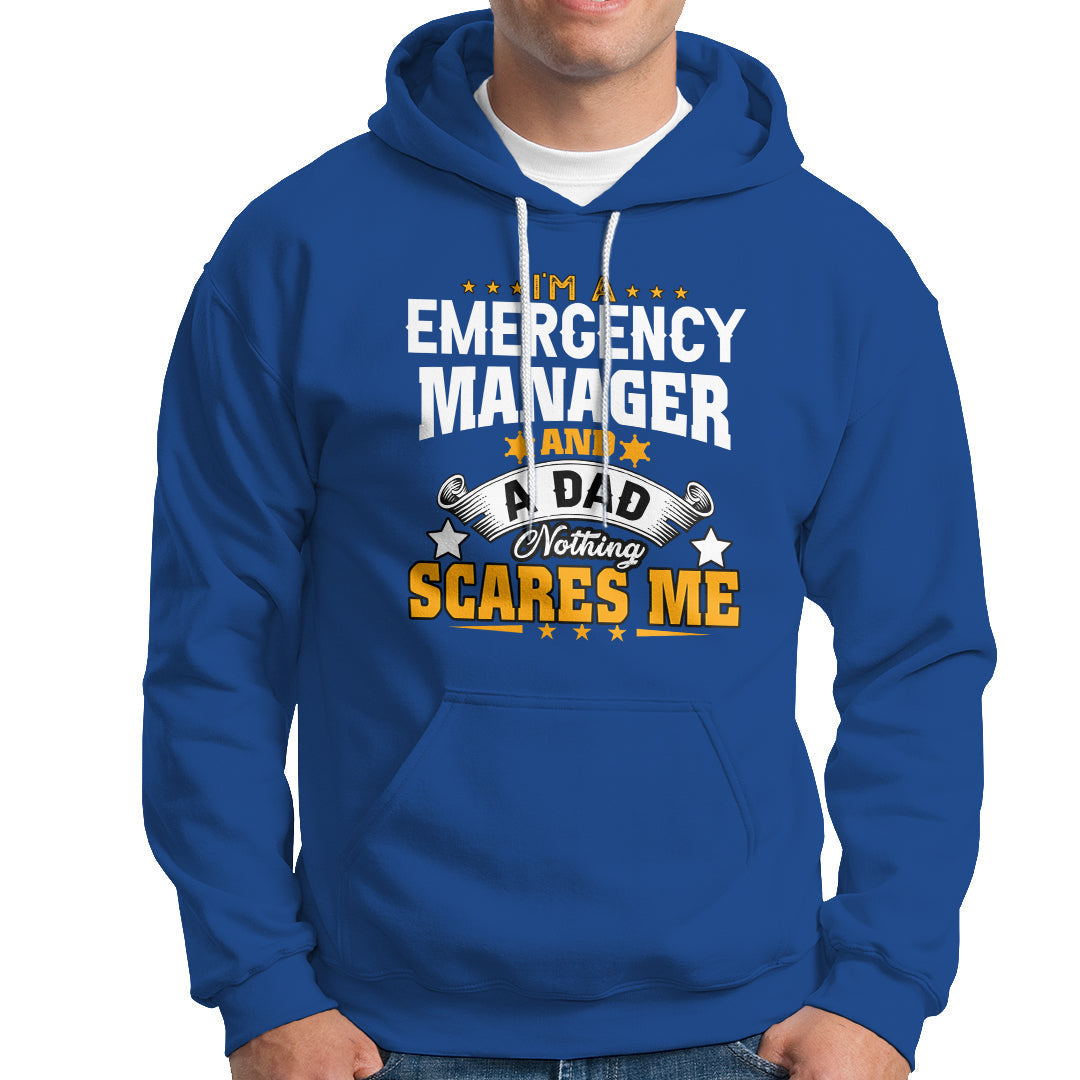 Royal blue hoodie with “Emergency Manager” dad slogan graphic; front kangaroo pocket.