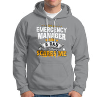 Sport gray hoodie with “Emergency Manager” dad slogan graphic; front kangaroo pocket.