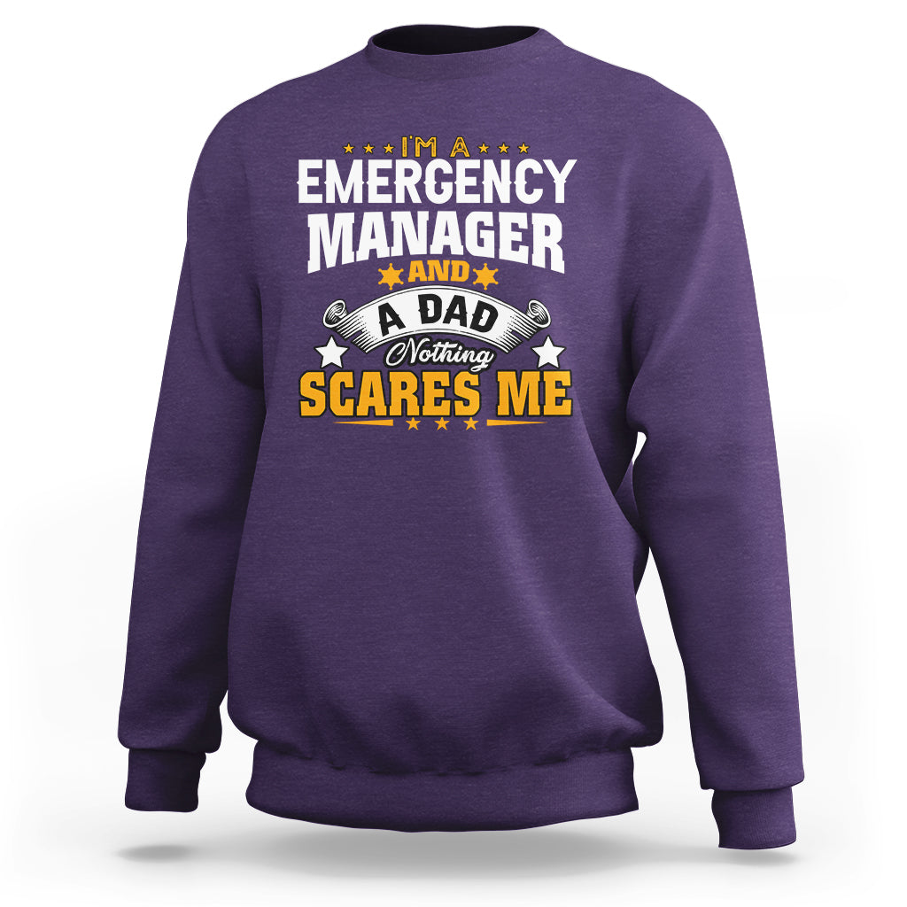 Purple crewneck sweatshirt with “Emergency Manager” dad graphic print