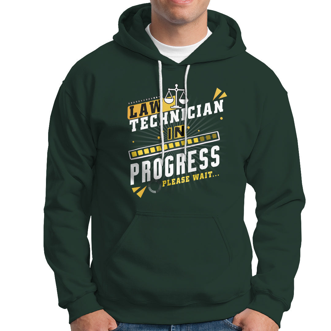 Law technician hoodie in dark forest green with front text graphic, pullover hood, kangaroo pocket.