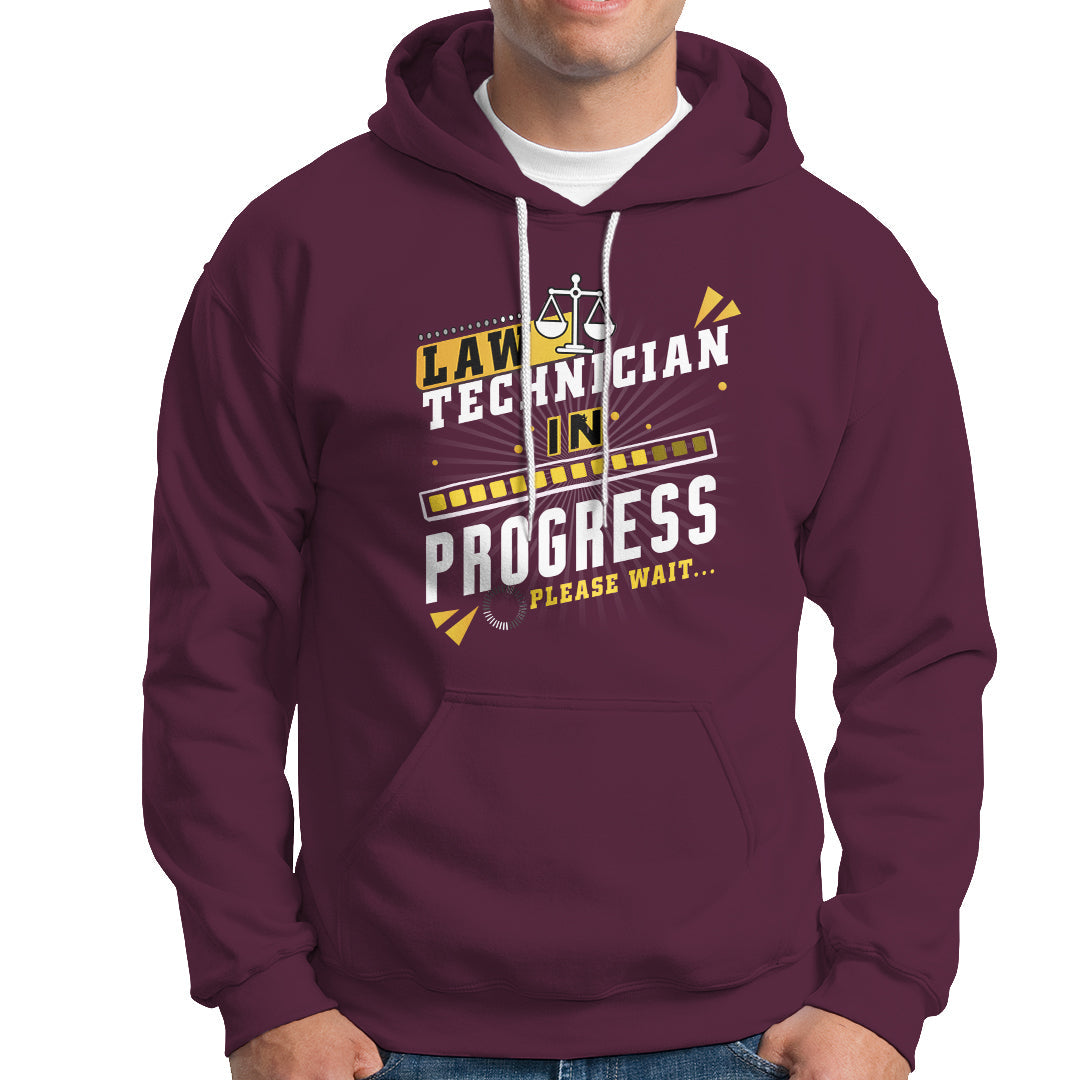 Law technician hoodie in maroon with front text graphic, pullover hood, kangaroo pocket.