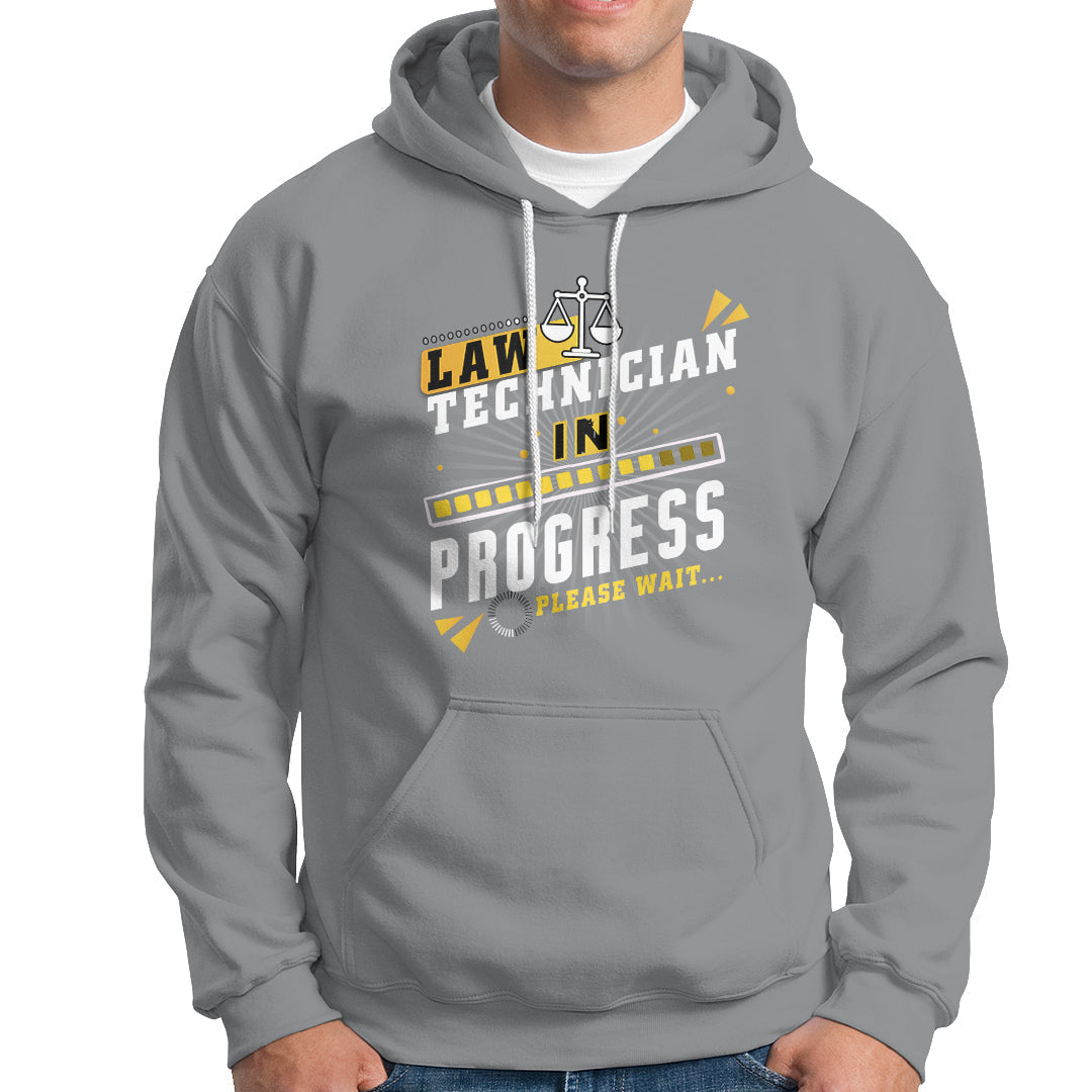 Law technician hoodie in sport gray with front text graphic, pullover hood, kangaroo pocket.