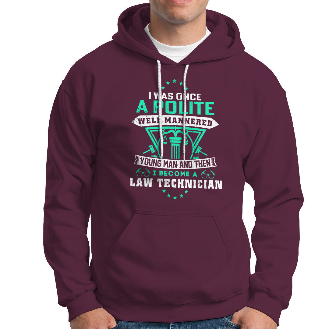 Maroon pullover hoodie with front pocket and graphic law-themed text print