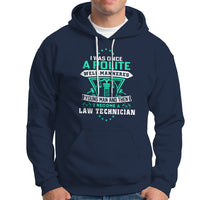 Navy pullover hoodie with front pocket and graphic law-themed text print