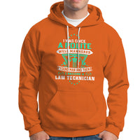 Orange pullover hoodie with front pocket and graphic law-themed text print