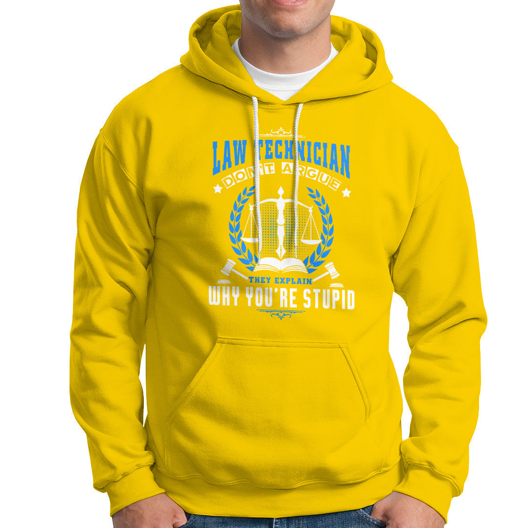 Daisy yellow law technician hoodie with blue courthouse graphic and slogan on front
