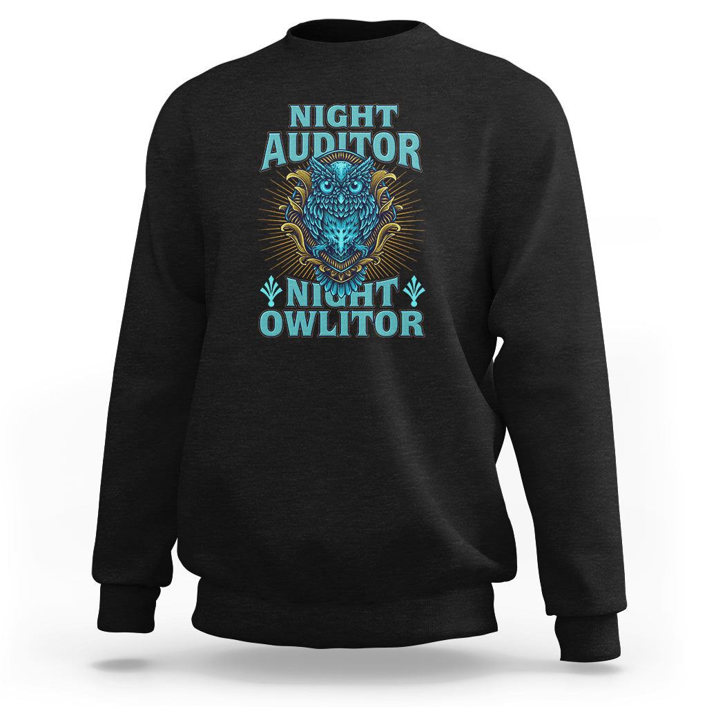Black sweatshirt with colorful owl graphic and stacked text front print