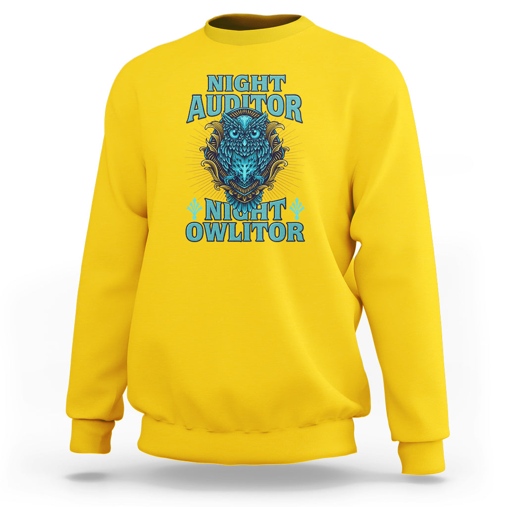 Daisy yellow sweatshirt with colorful owl graphic and stacked text front print