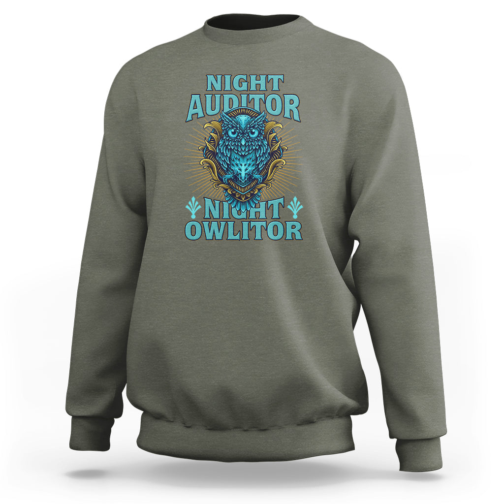 Charcoal gray sweatshirt with colorful owl graphic and stacked text front print