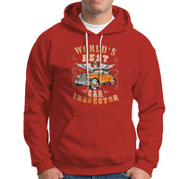 Red car inspector hoodie with drawstring hood, front graphic, kangaroo pocket.