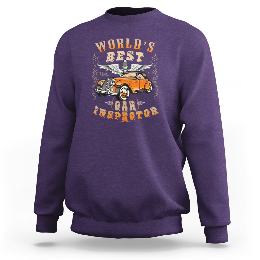 Purple car inspector sweatshirt with vintage-style car graphic and text on front.