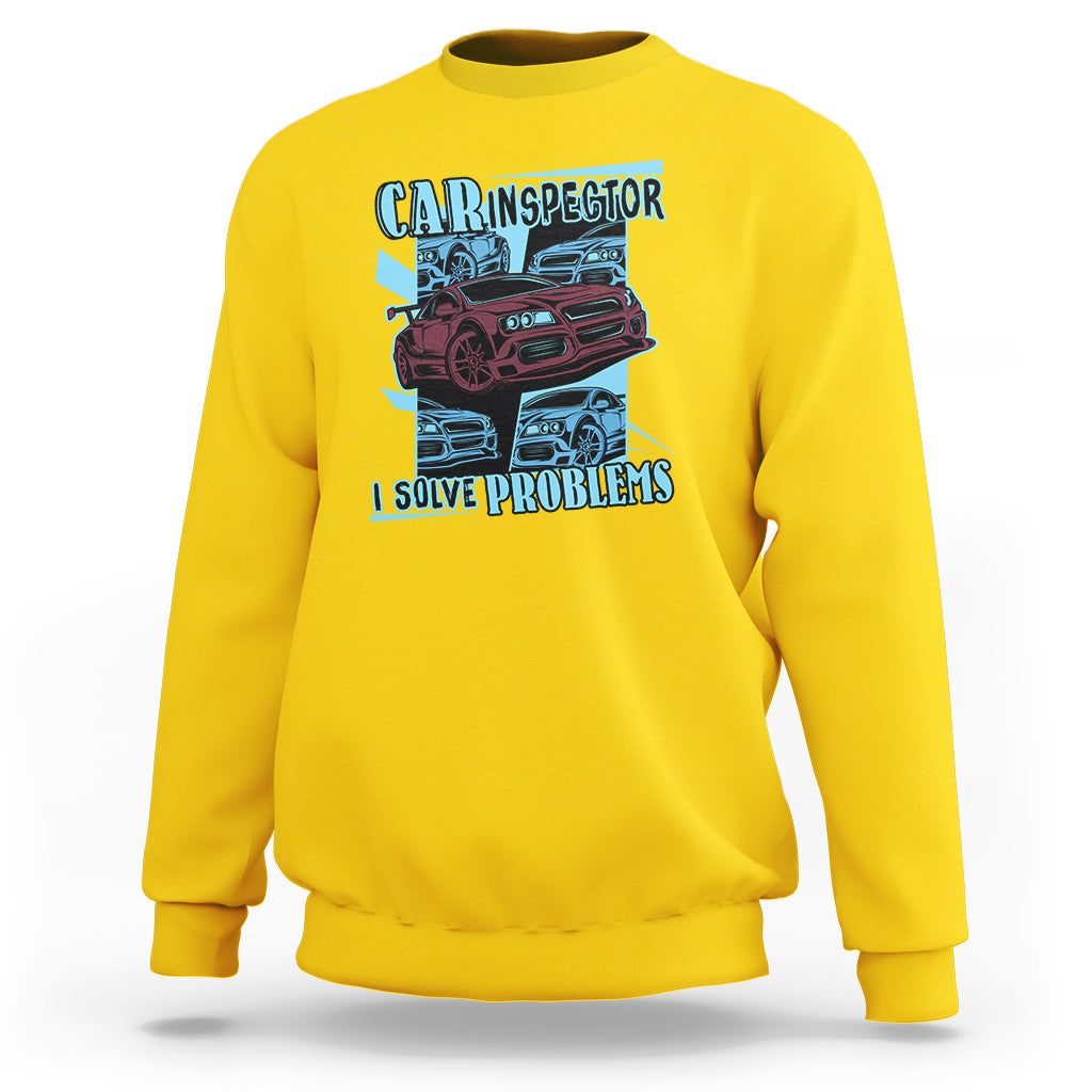 Daisy yellow crewneck sweatshirt with colorful car inspector graphic and slogan on chest