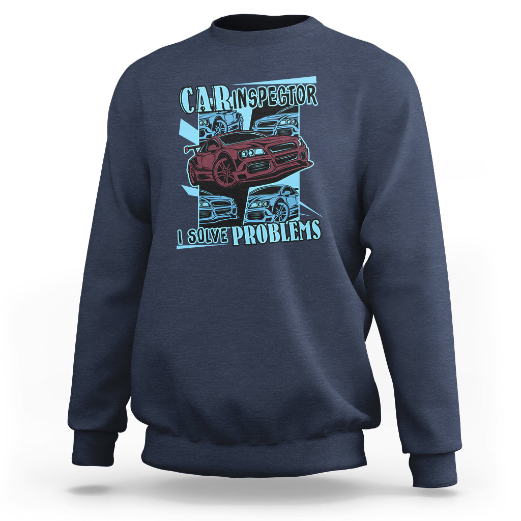 Navy crewneck sweatshirt with colorful car inspector graphic and slogan on chest