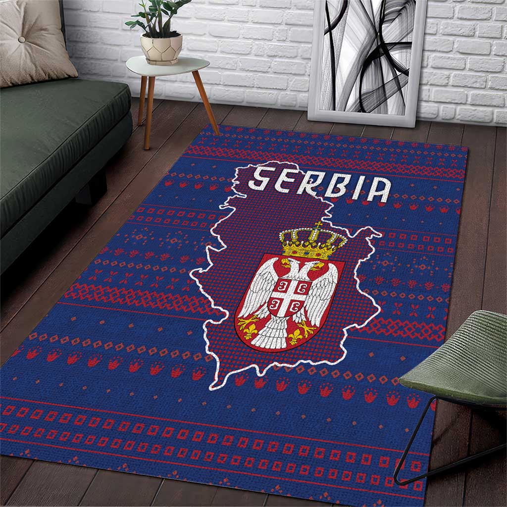 Serbia Area Rug with National Map and Coat of Arms Design in Blue Red Pattern