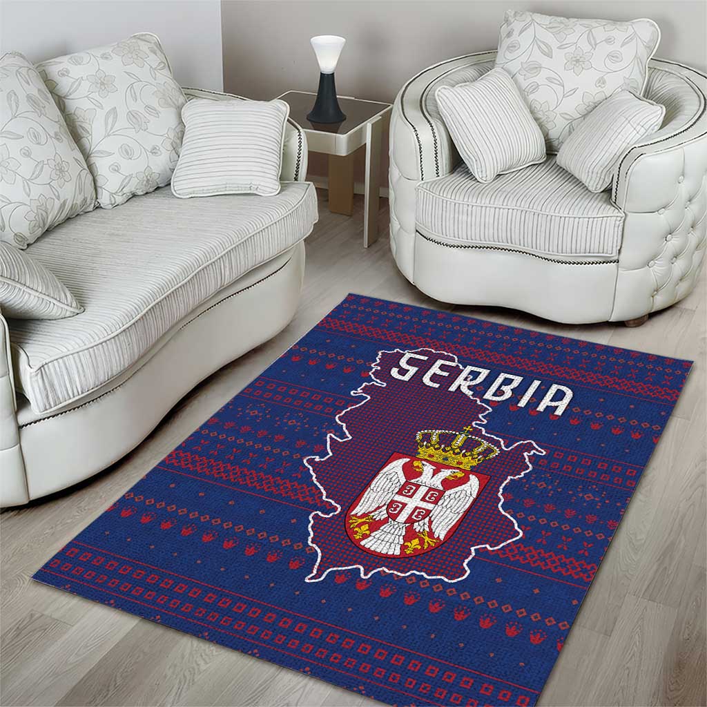 Serbia Area Rug with National Map and Coat of Arms Design in Blue Red Pattern