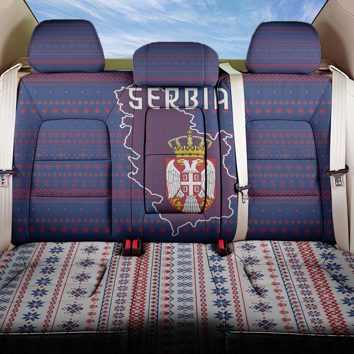 Serbia Back Car Seat Cover with National Map and Coat of Arms Design in Blue Red Pattern