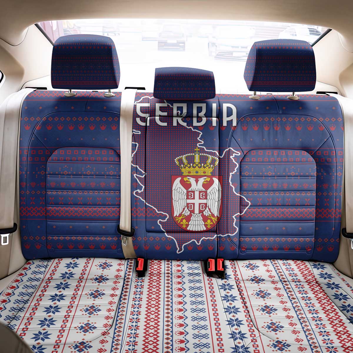 Serbia Back Car Seat Cover with National Map and Coat of Arms Design in Blue Red Pattern