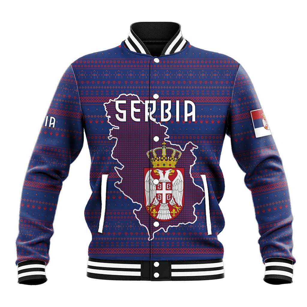 Serbia Baseball Jacket with National Map and Coat of Arms Design in Blue Red Pattern