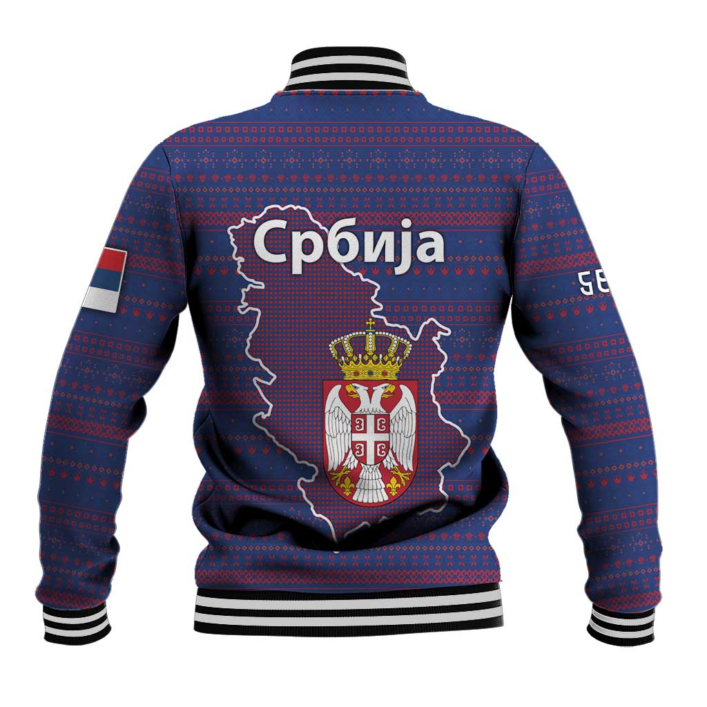 Serbia Baseball Jacket with National Map and Coat of Arms Design in Blue Red Pattern