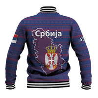 Serbia Baseball Jacket with National Map and Coat of Arms Design in Blue Red Pattern