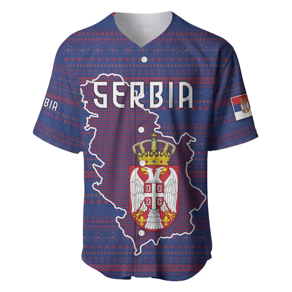 Serbia Baseball Jersey with National Map and Coat of Arms Design in Blue Red Pattern