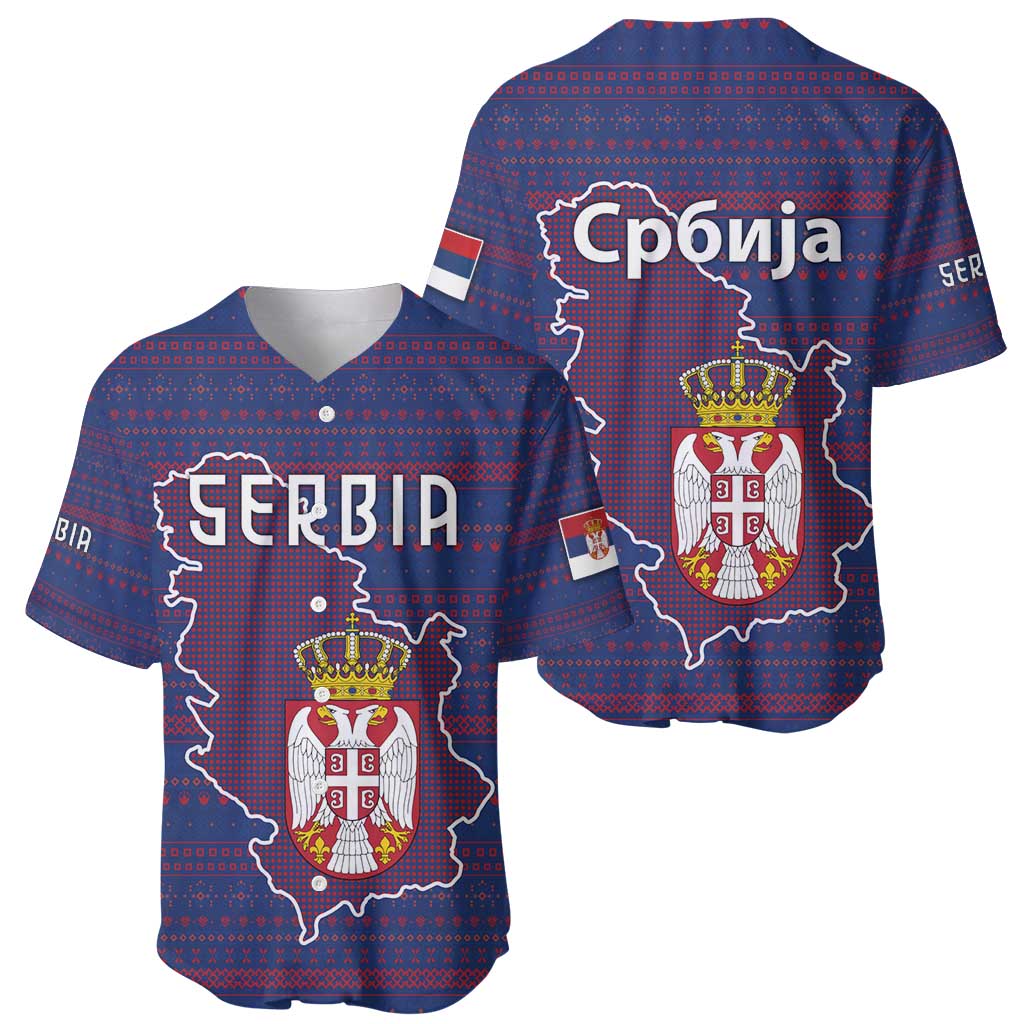 Serbia Baseball Jersey with National Map and Coat of Arms Design in Blue Red Pattern
