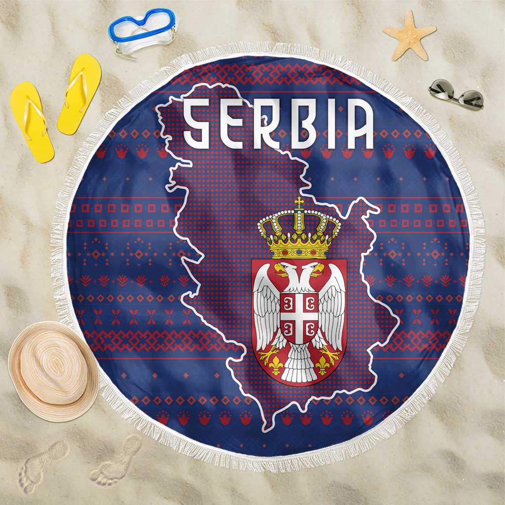 Serbia Beach Blanket with National Map and Coat of Arms Design in Blue Red Pattern