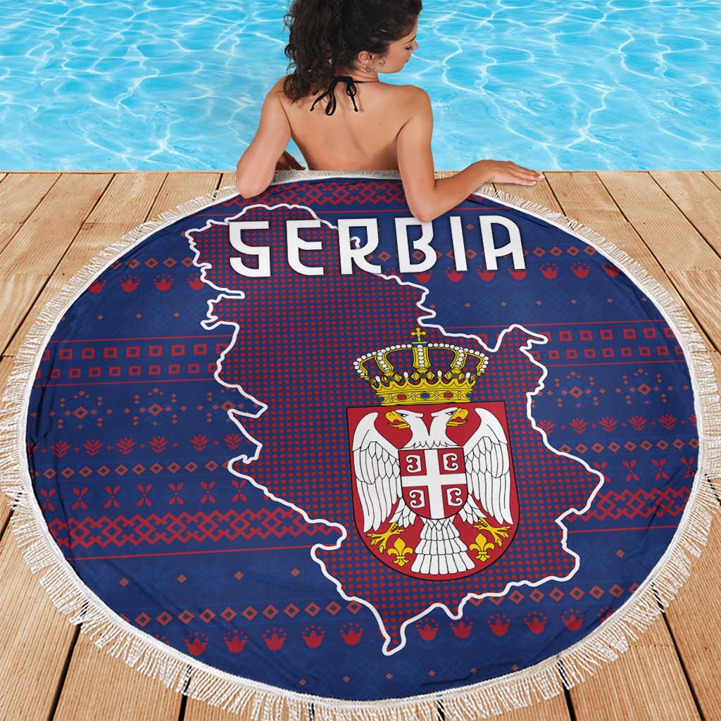 Serbia Beach Blanket with National Map and Coat of Arms Design in Blue Red Pattern