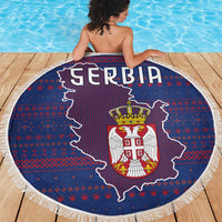 Serbia Beach Blanket with National Map and Coat of Arms Design in Blue Red Pattern