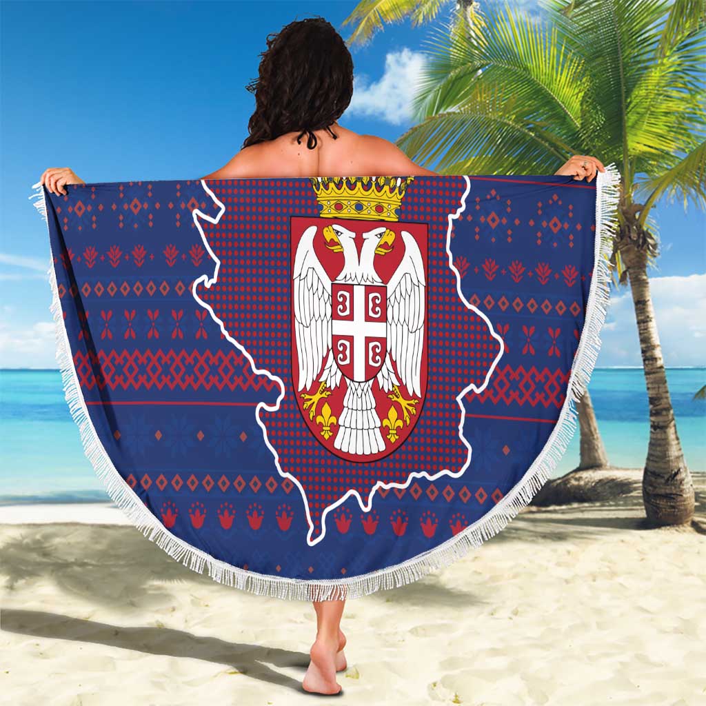 Serbia Beach Blanket with National Map and Coat of Arms Design in Blue Red Pattern