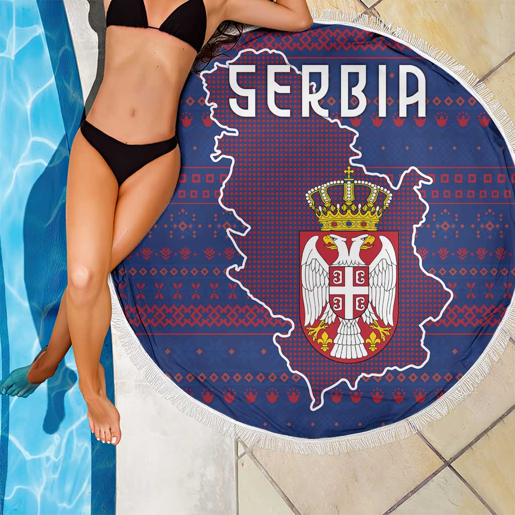 Serbia Beach Blanket with National Map and Coat of Arms Design in Blue Red Pattern