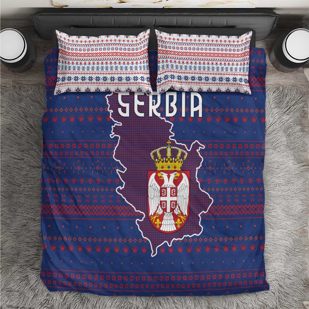Serbia Bedding Set with National Map and Coat of Arms Design in Blue Red Pattern
