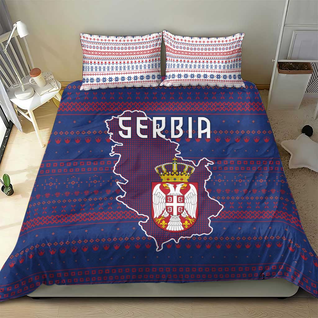 Serbia Bedding Set with National Map and Coat of Arms Design in Blue Red Pattern