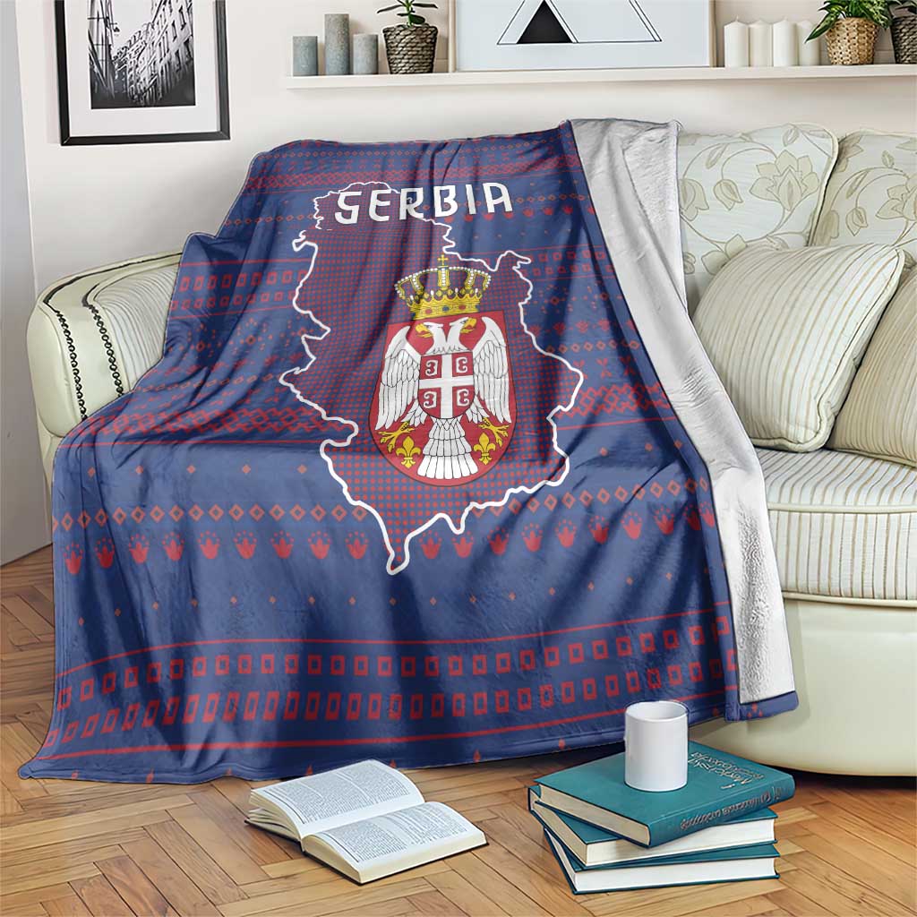 Serbia Blanket with National Map and Coat of Arms Design in Blue Red Pattern