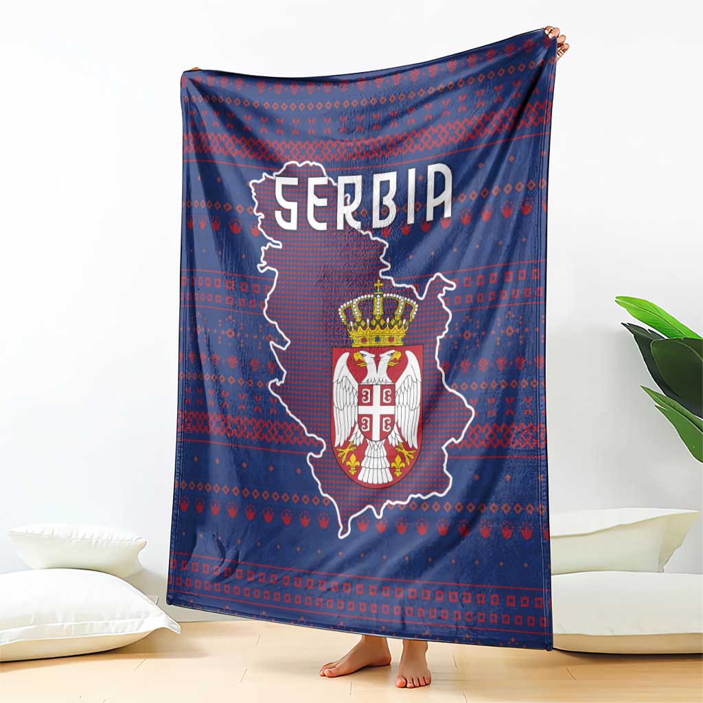 Serbia Blanket with National Map and Coat of Arms Design in Blue Red Pattern
